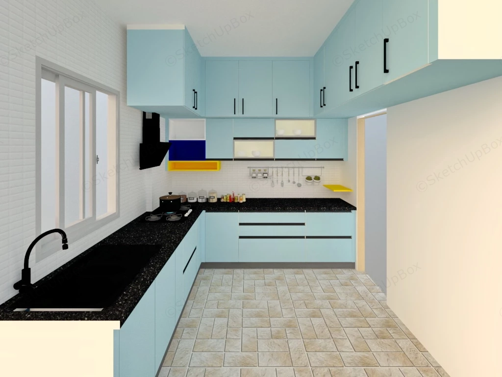 Blue Narrow Galley Kitchen sketchup model preview - SketchupBox