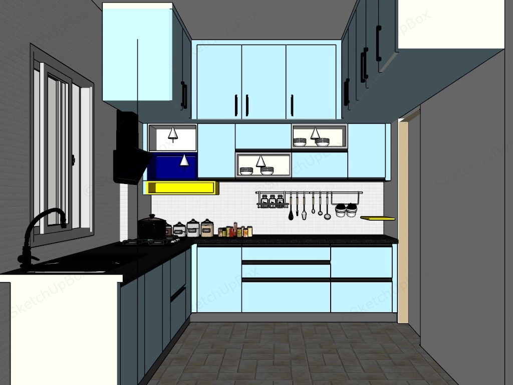 Blue Narrow Galley Kitchen sketchup model preview - SketchupBox