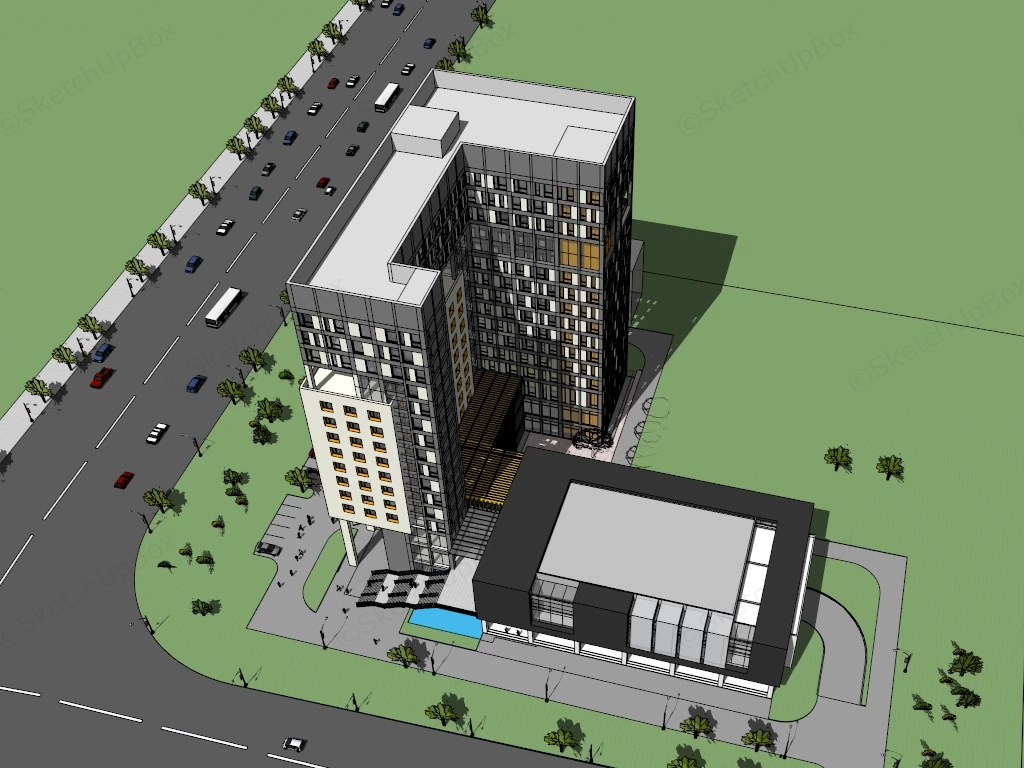 Contemporary Corner Office Building sketchup model preview - SketchupBox