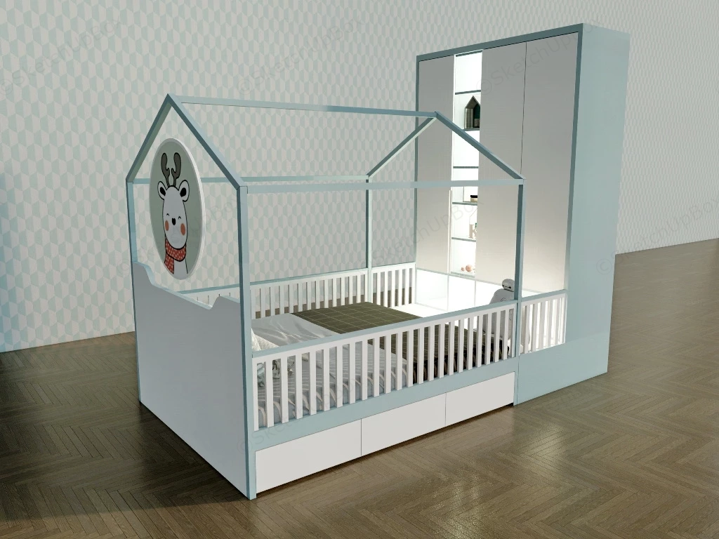 Kids Bed With Wardrobe sketchup model preview - SketchupBox