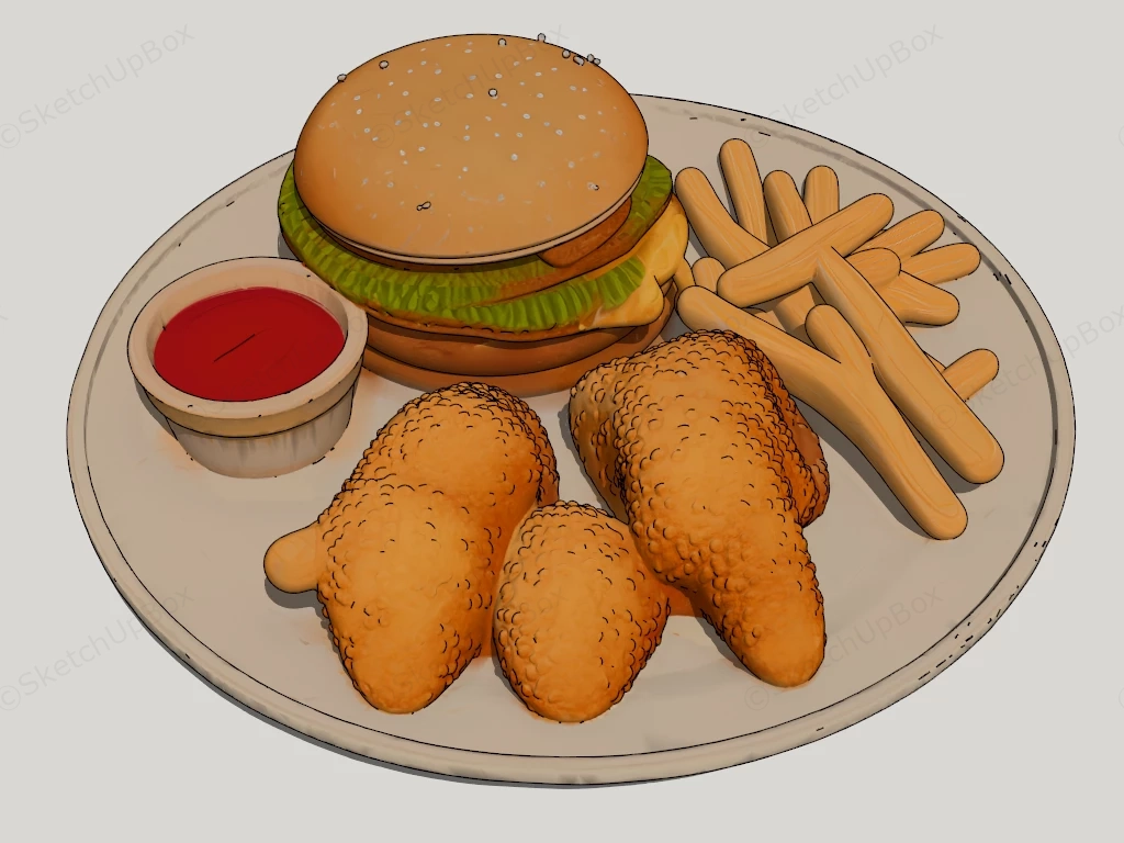 Fried Chicken And Burger With French Fries sketchup model preview - SketchupBox