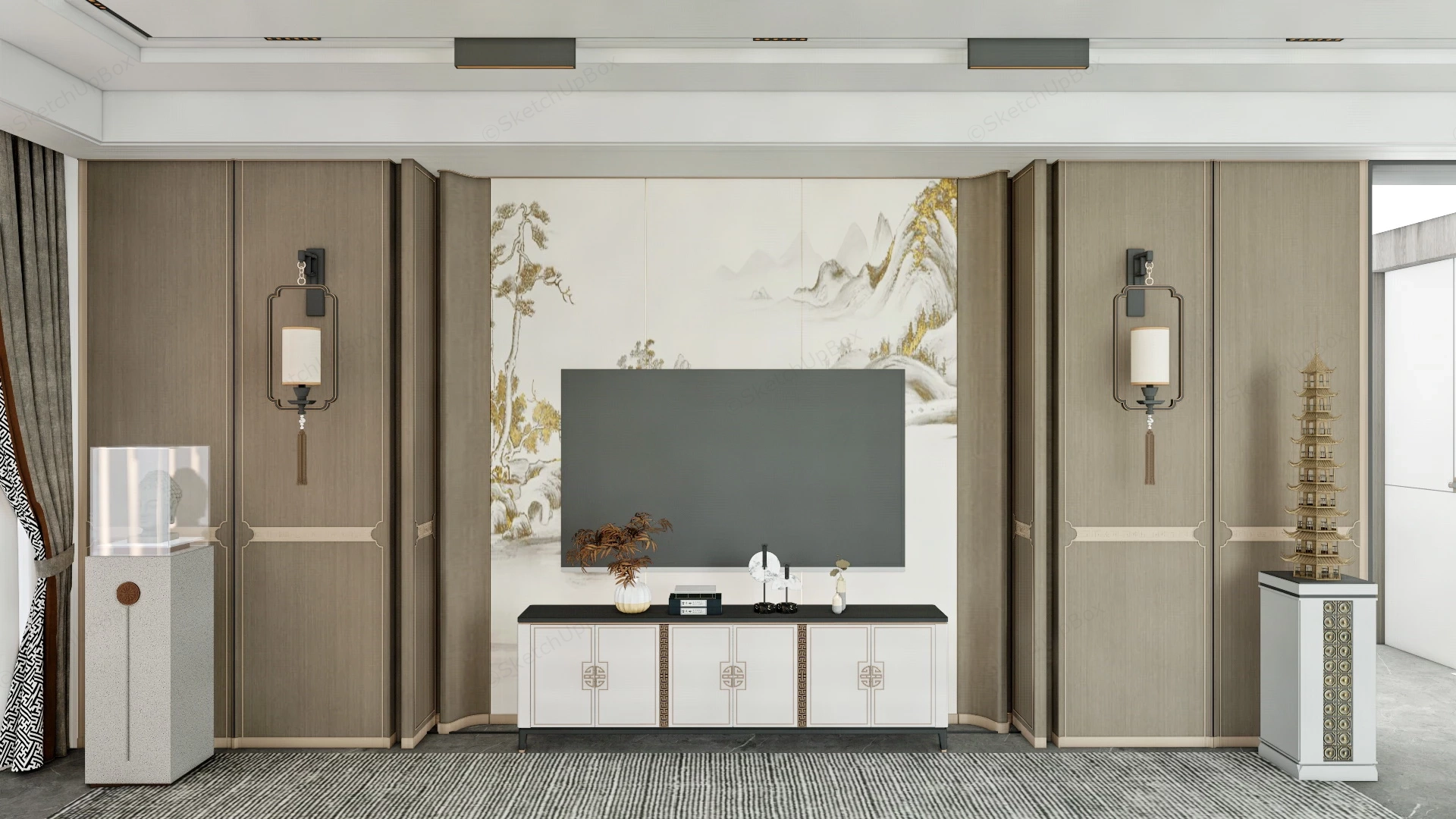 Chinese Living Room Tv Wall Design sketchup model preview - SketchupBox