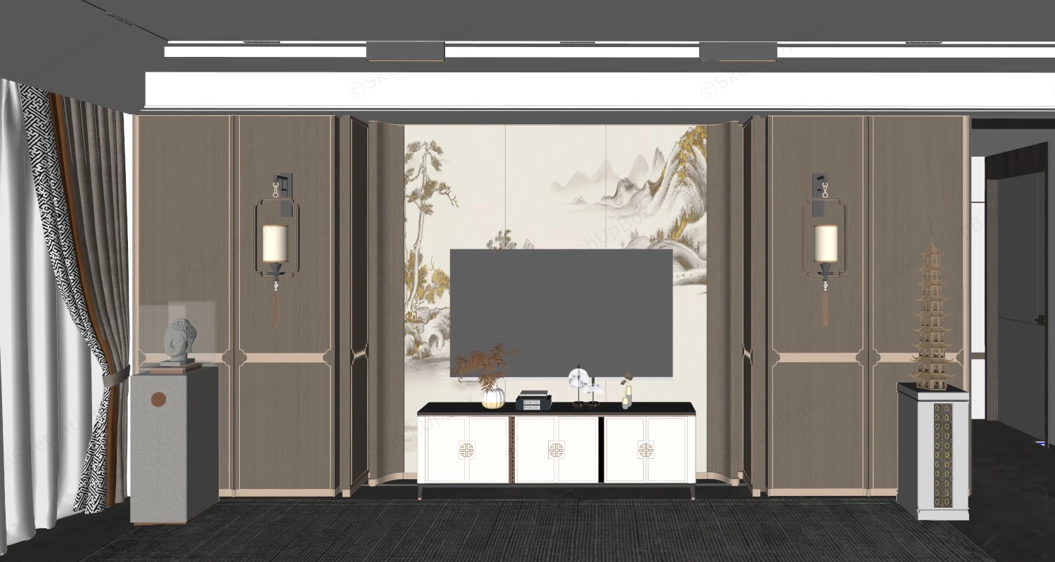 Chinese Living Room Tv Wall Design sketchup model preview - SketchupBox