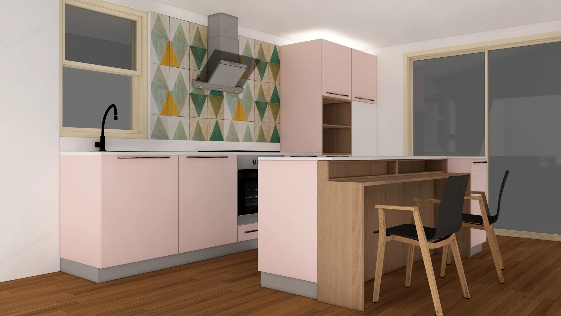 Small Pink Kitchen With Island sketchup model preview - SketchupBox