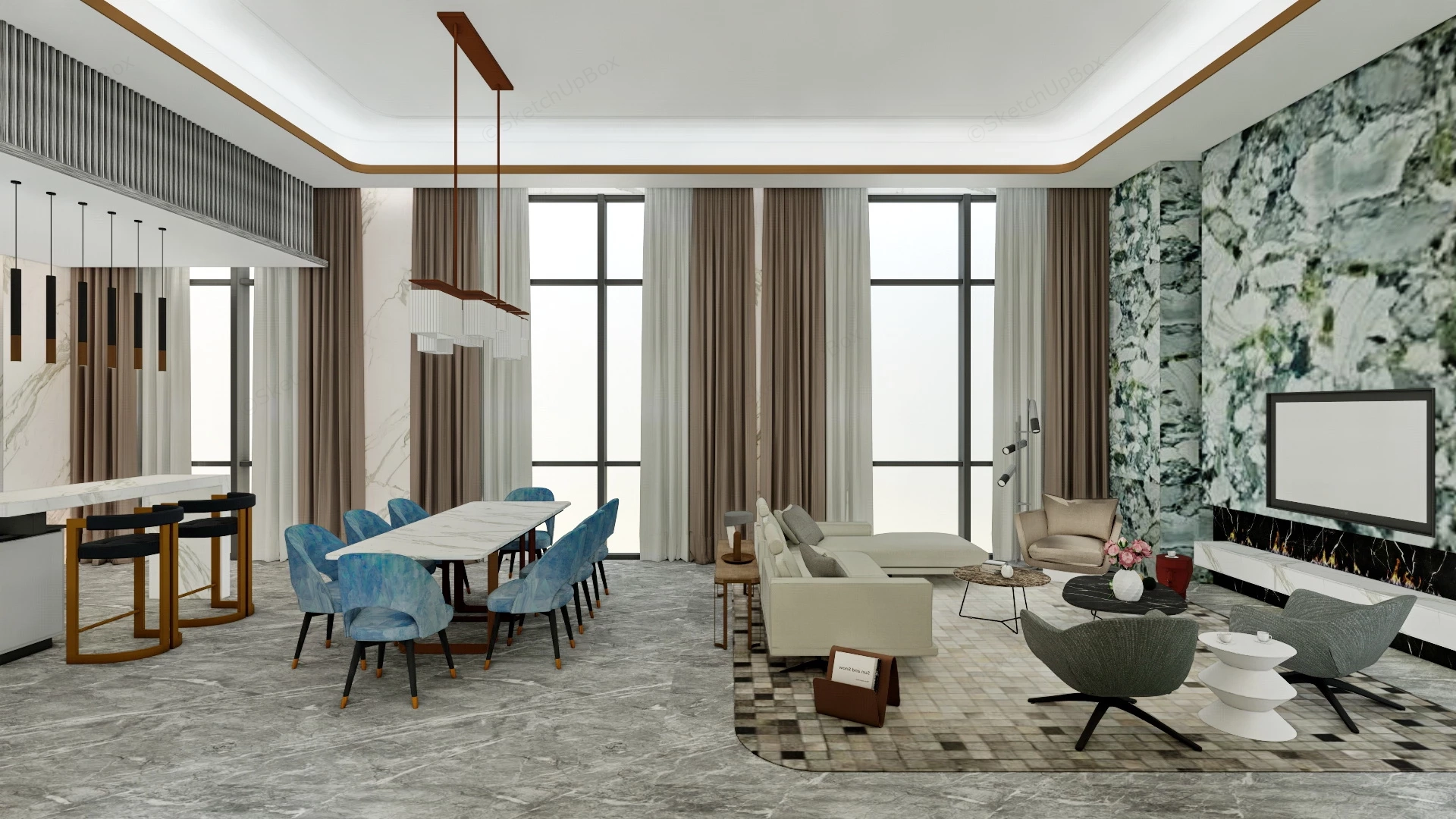 Modern Living Room Dining Kitchen Combo sketchup model preview - SketchupBox