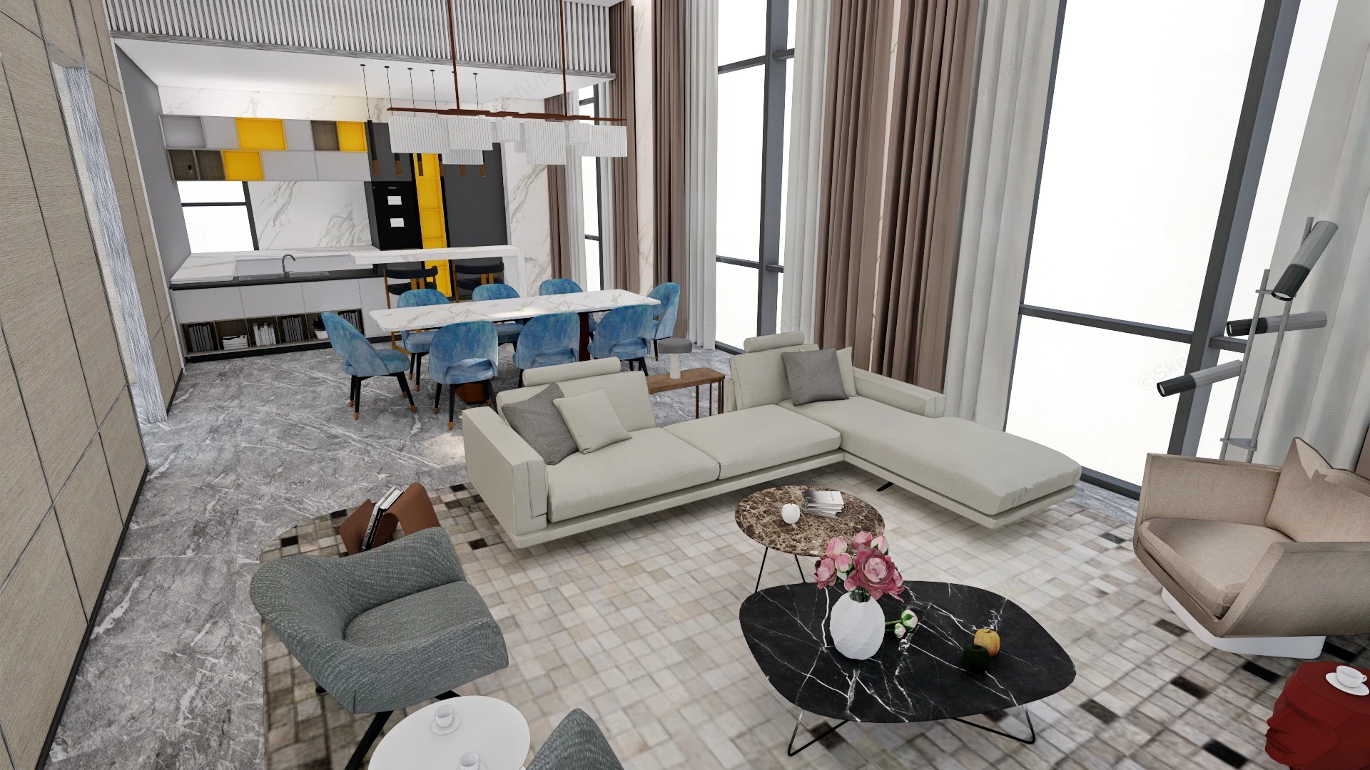 Modern Living Room Dining Kitchen Combo sketchup model preview - SketchupBox