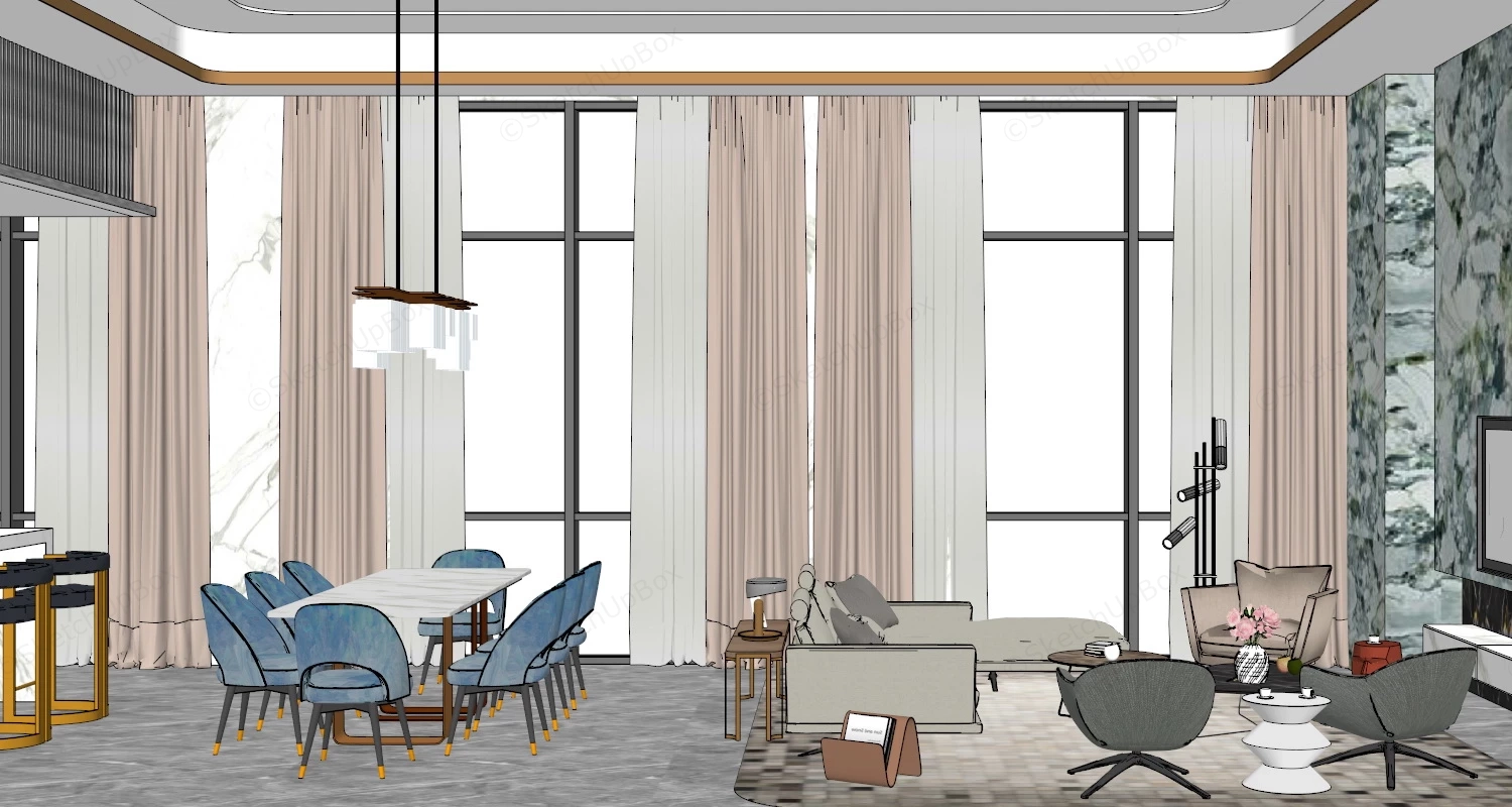 Modern Living Room Dining Kitchen Combo sketchup model preview - SketchupBox