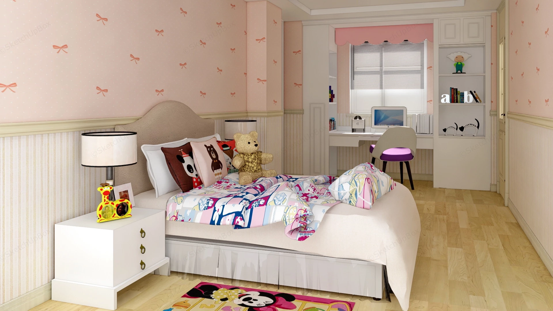 Pink And White Teen Girl Bedroom sketchup model preview - SketchupBox