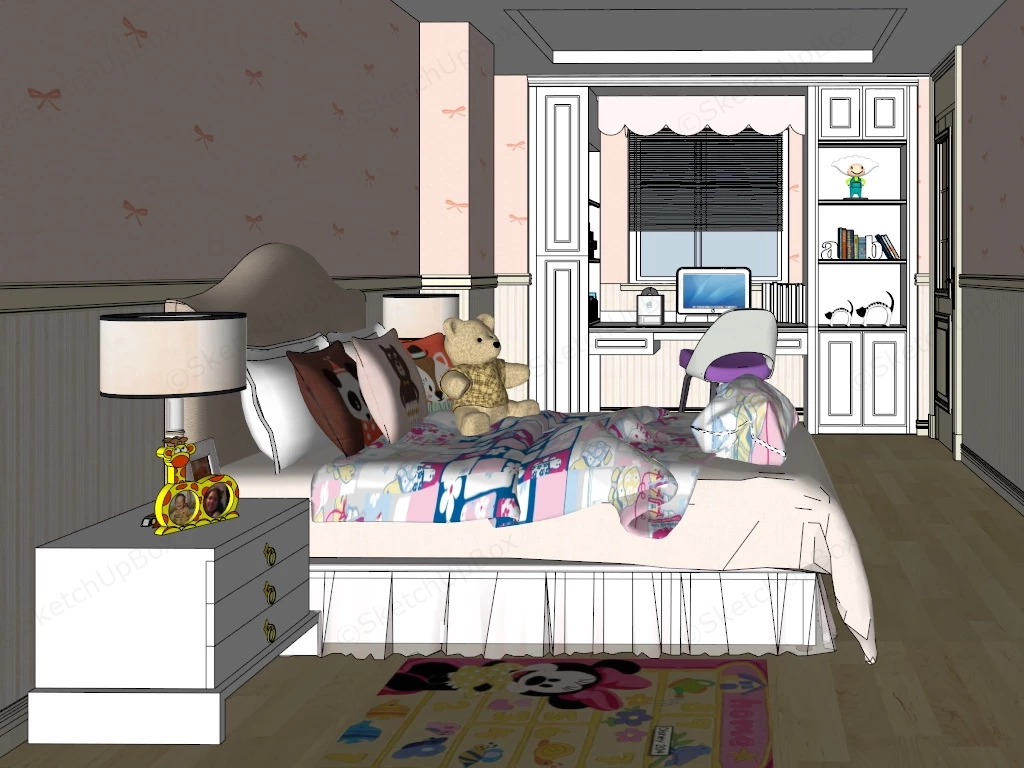 Pink And White Teen Girl Bedroom sketchup model preview - SketchupBox