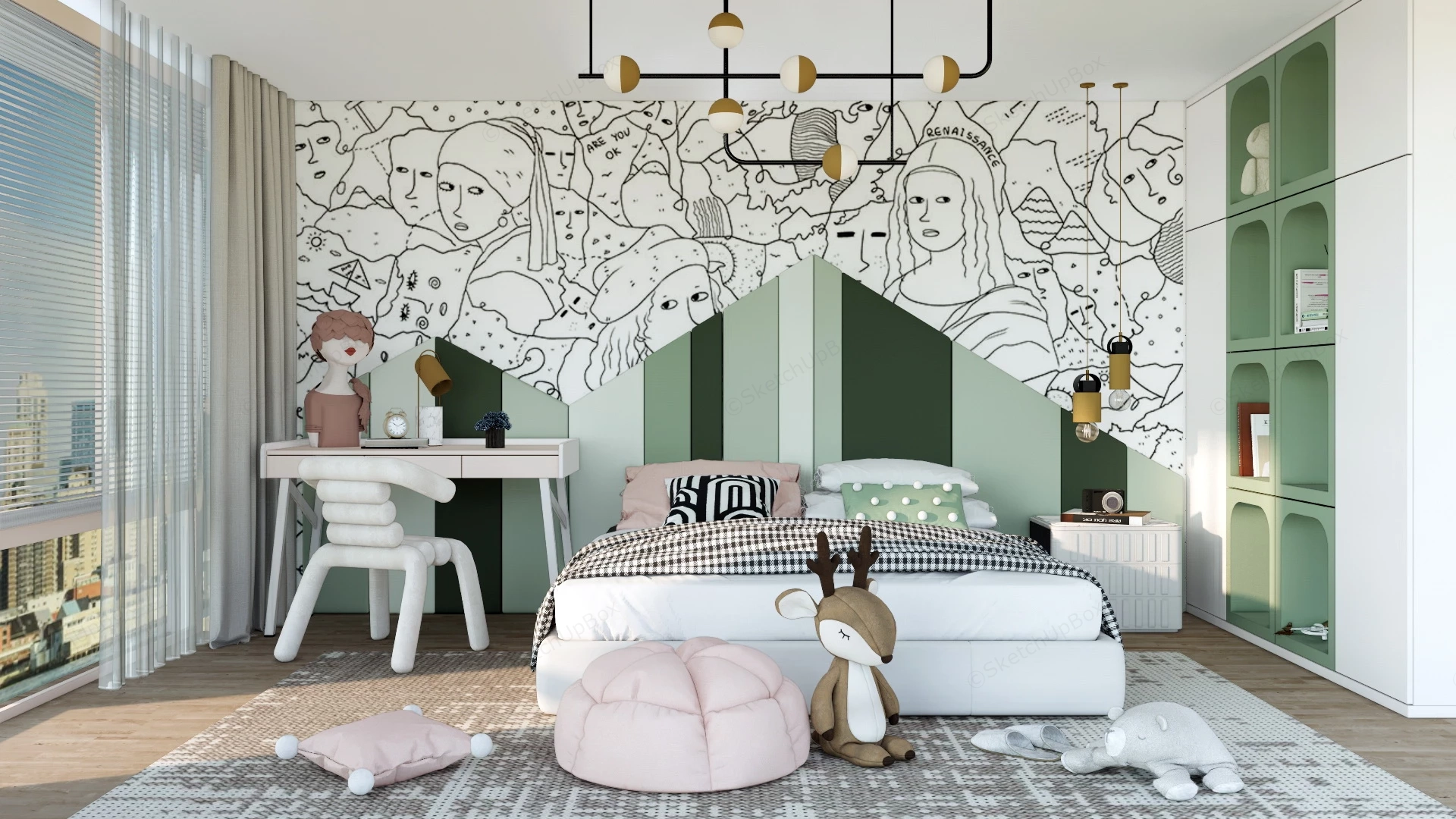 Green And White Teenage Girl Bedroom sketchup model preview - SketchupBox