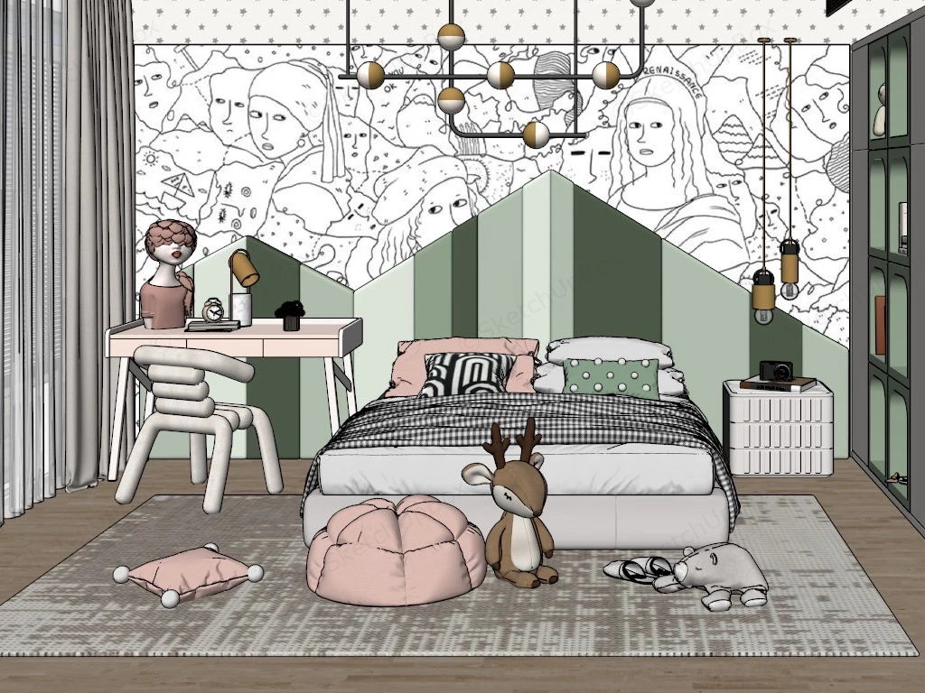 Green And White Teenage Girl Bedroom sketchup model preview - SketchupBox