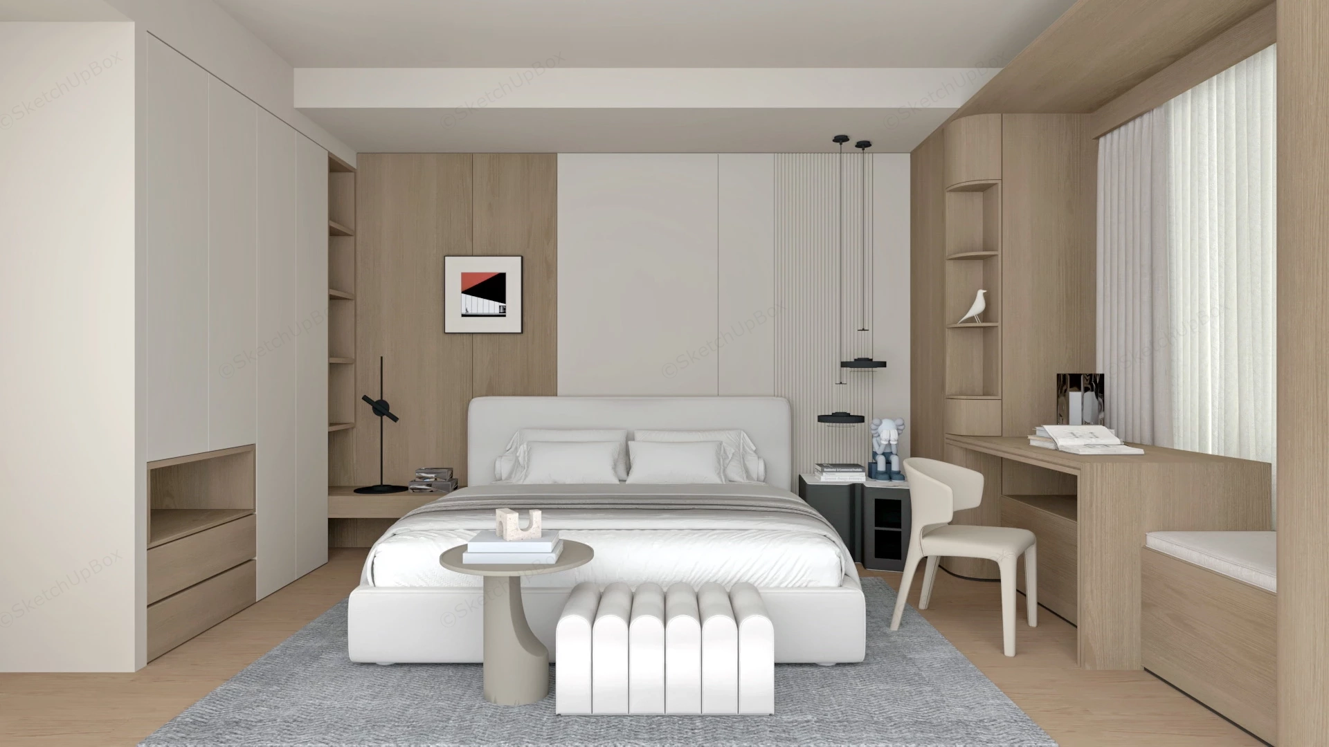 Modern Bedroom With Desk And Wardrobe sketchup model preview - SketchupBox