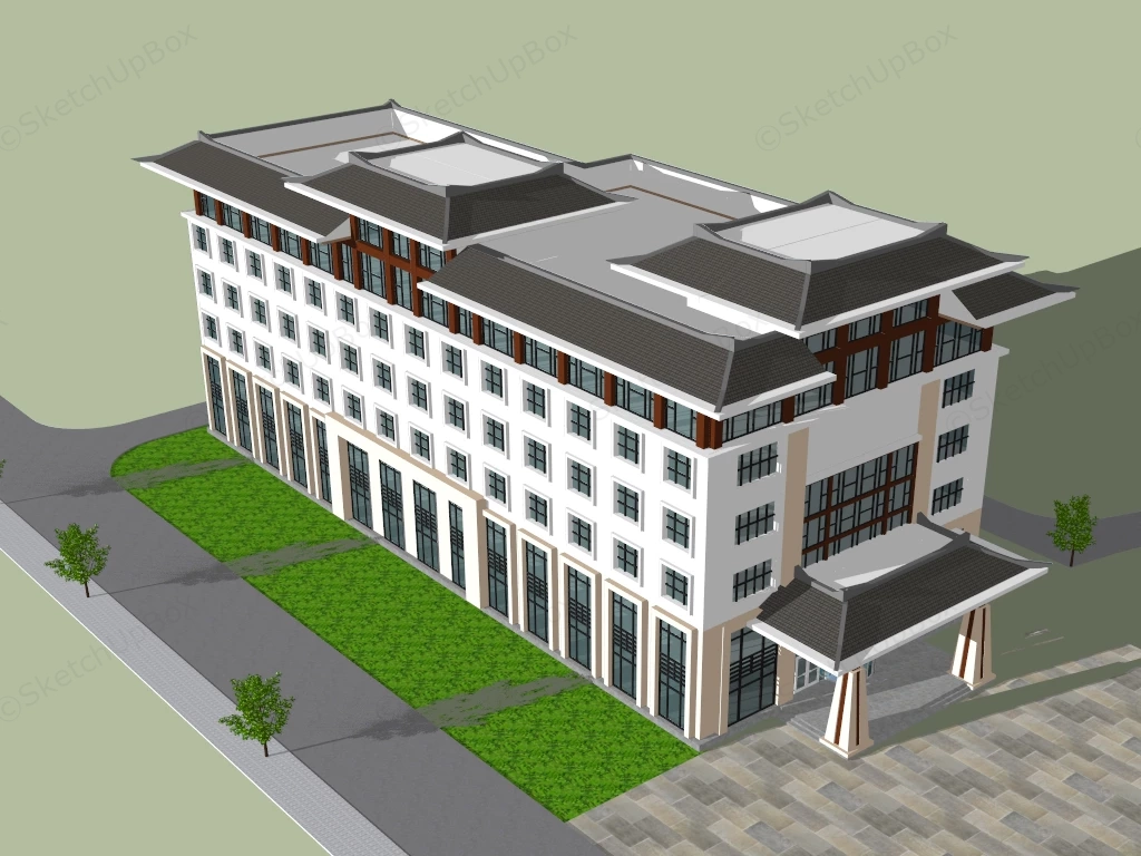 Chinese Style Hotel Architecture sketchup model preview - SketchupBox