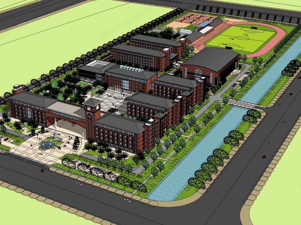 Traditional Red Brick School sketchup model preview - SketchupBox