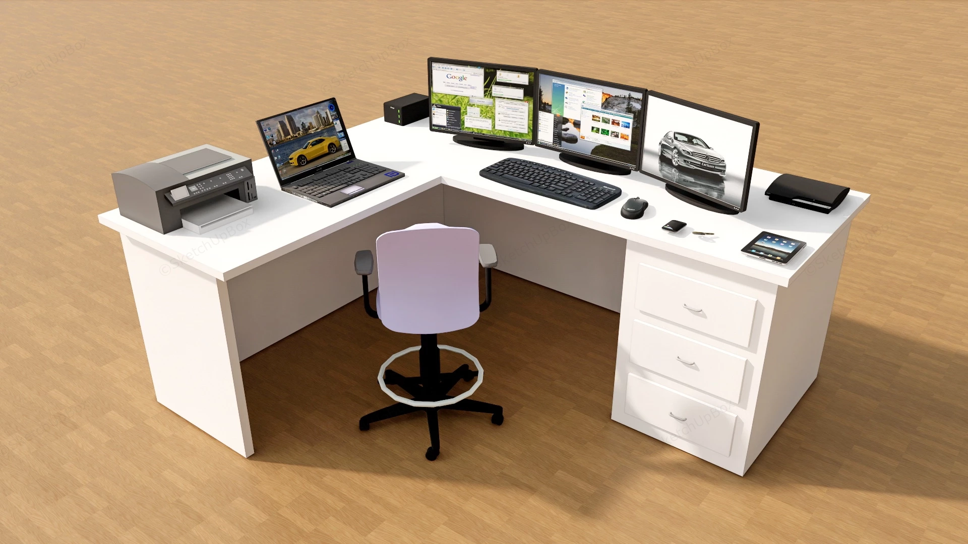 L Shape Office Desk With Drawers sketchup model preview - SketchupBox