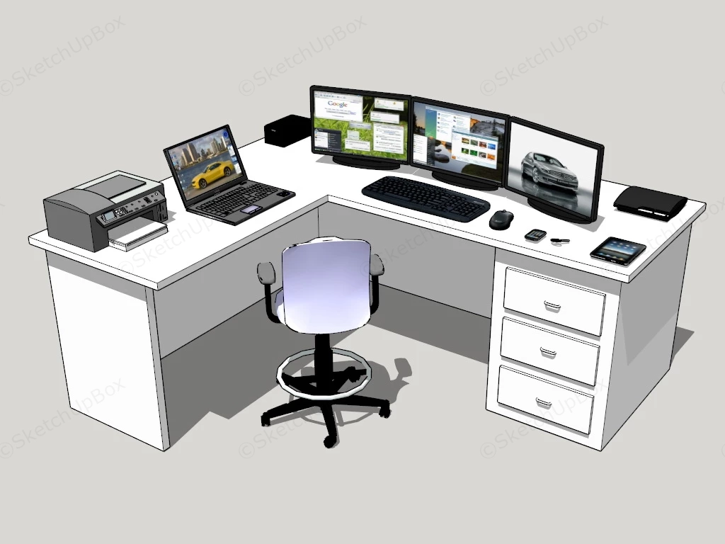 L Shape Office Desk With Drawers sketchup model preview - SketchupBox