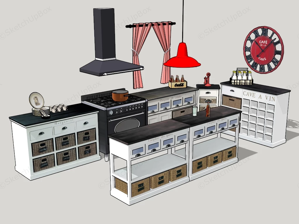 Retro Style Kitchen Cabinet With Island sketchup model preview - SketchupBox