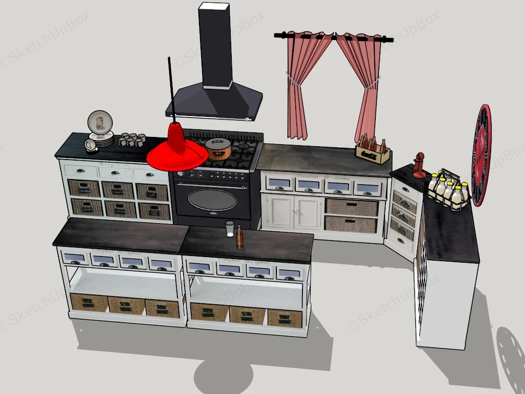 Retro Style Kitchen Cabinet With Island sketchup model preview - SketchupBox