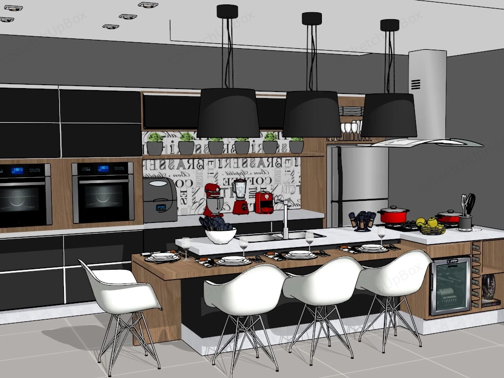 Black And White Kitchen With Island sketchup model preview - SketchupBox