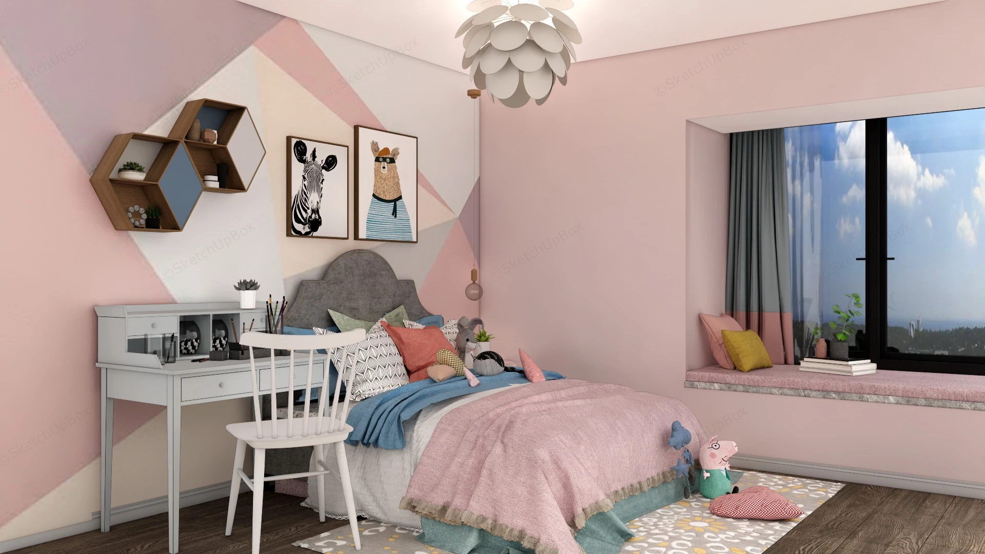 Modern Pink Teen Girl Bedroom sketchup model preview - SketchupBox