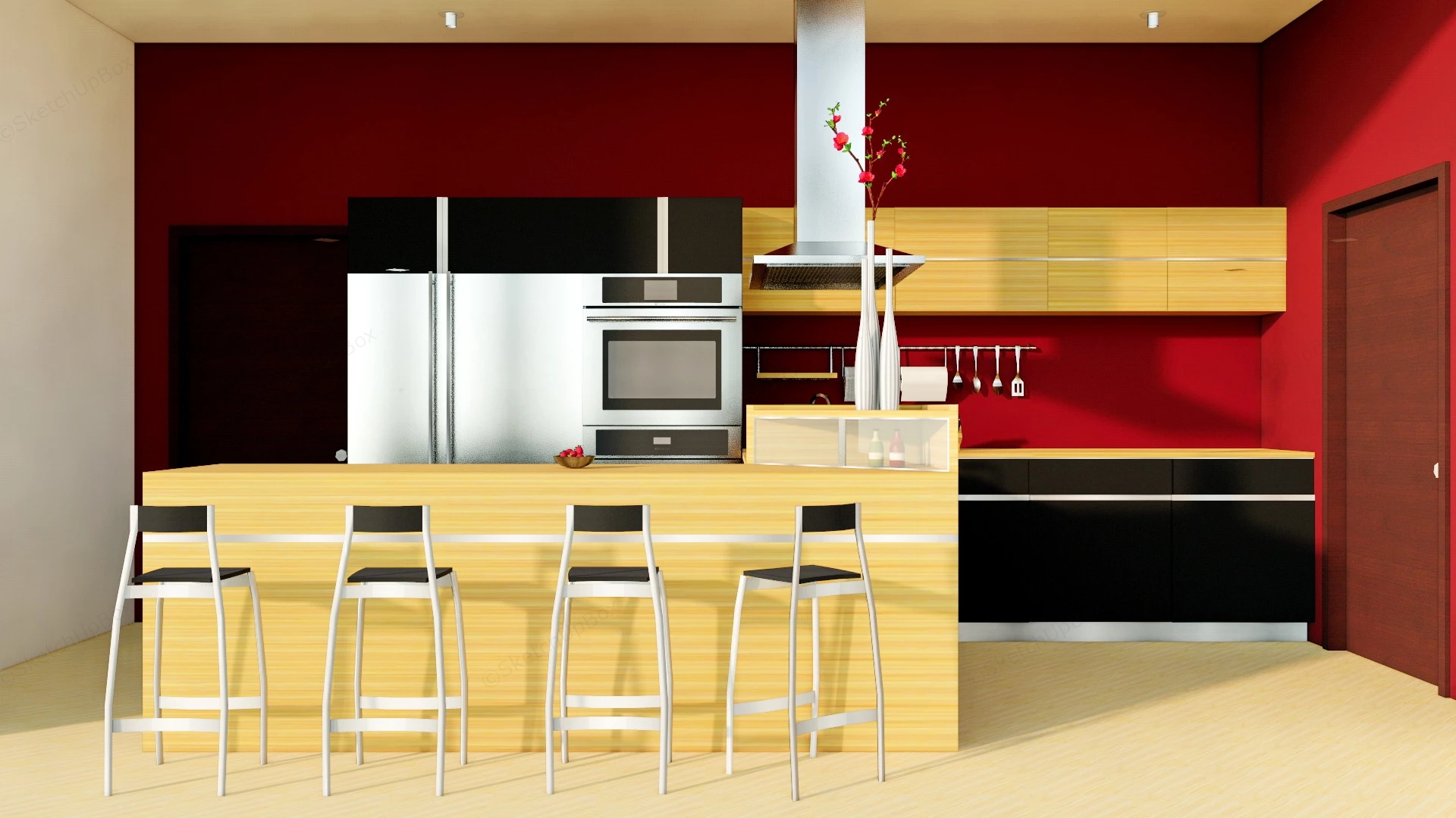 Red And Yellow Kitchen sketchup model preview - SketchupBox