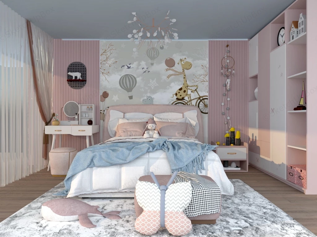 White And Pink Girls Bedroom sketchup model preview - SketchupBox