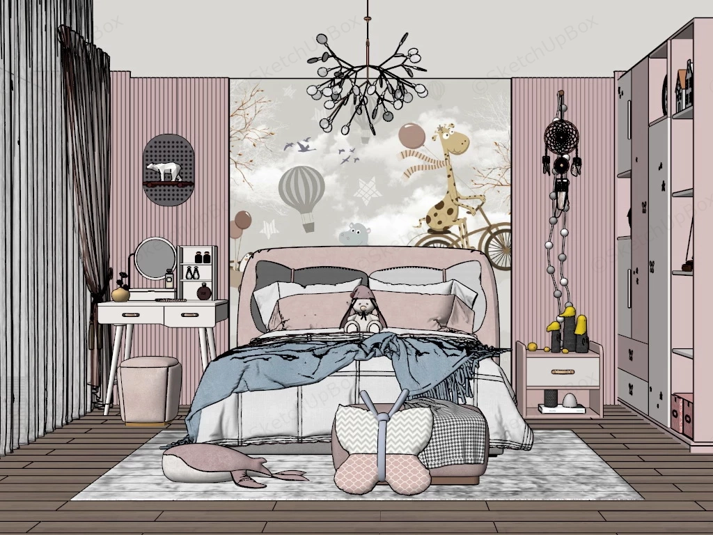 White And Pink Girls Bedroom sketchup model preview - SketchupBox