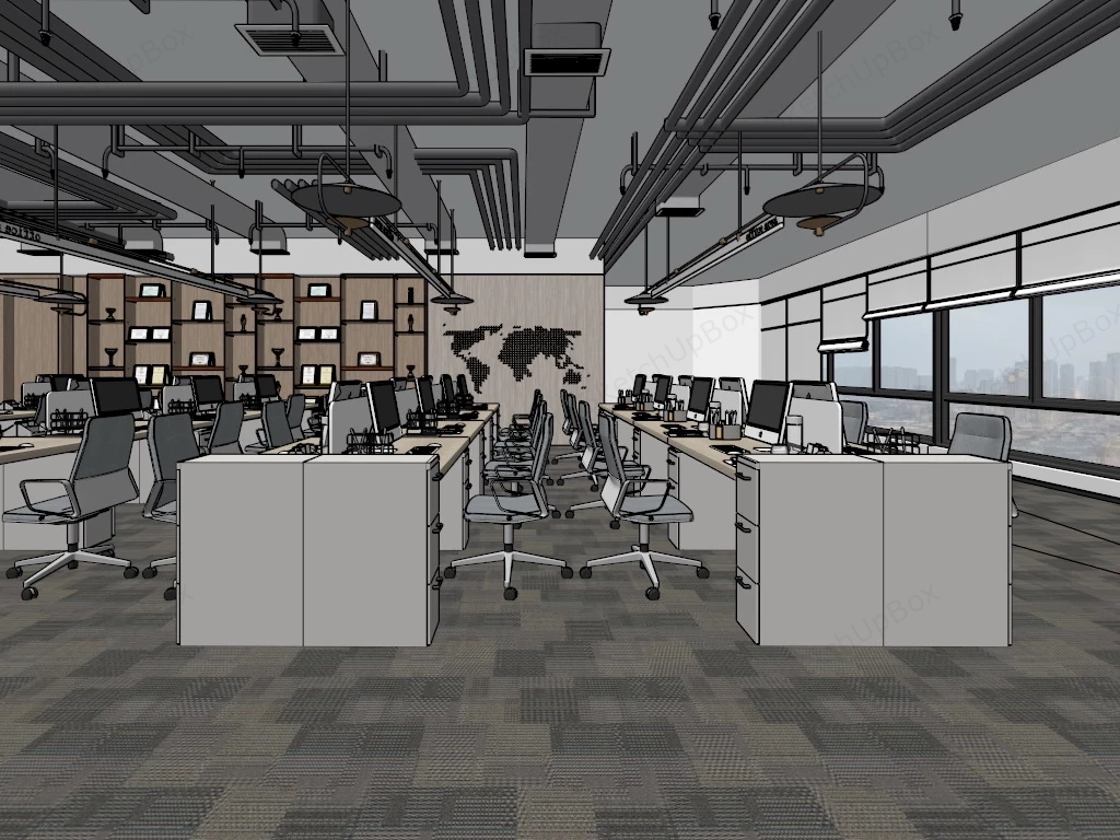 Contemporary Open Office Design sketchup model preview - SketchupBox
