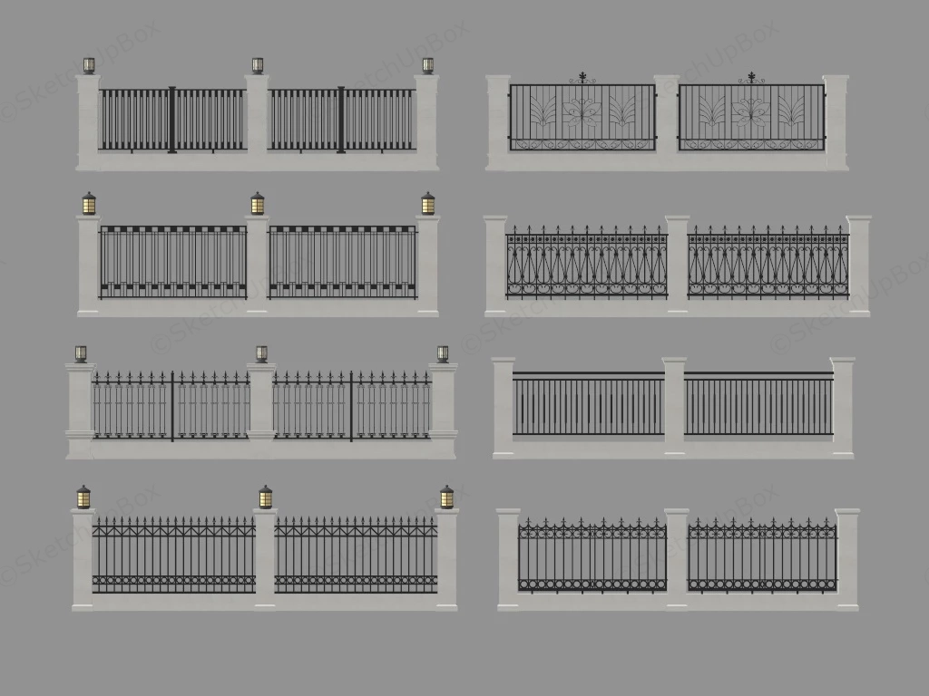Classic Iron Fences With Pillars Design sketchup model preview - SketchupBox