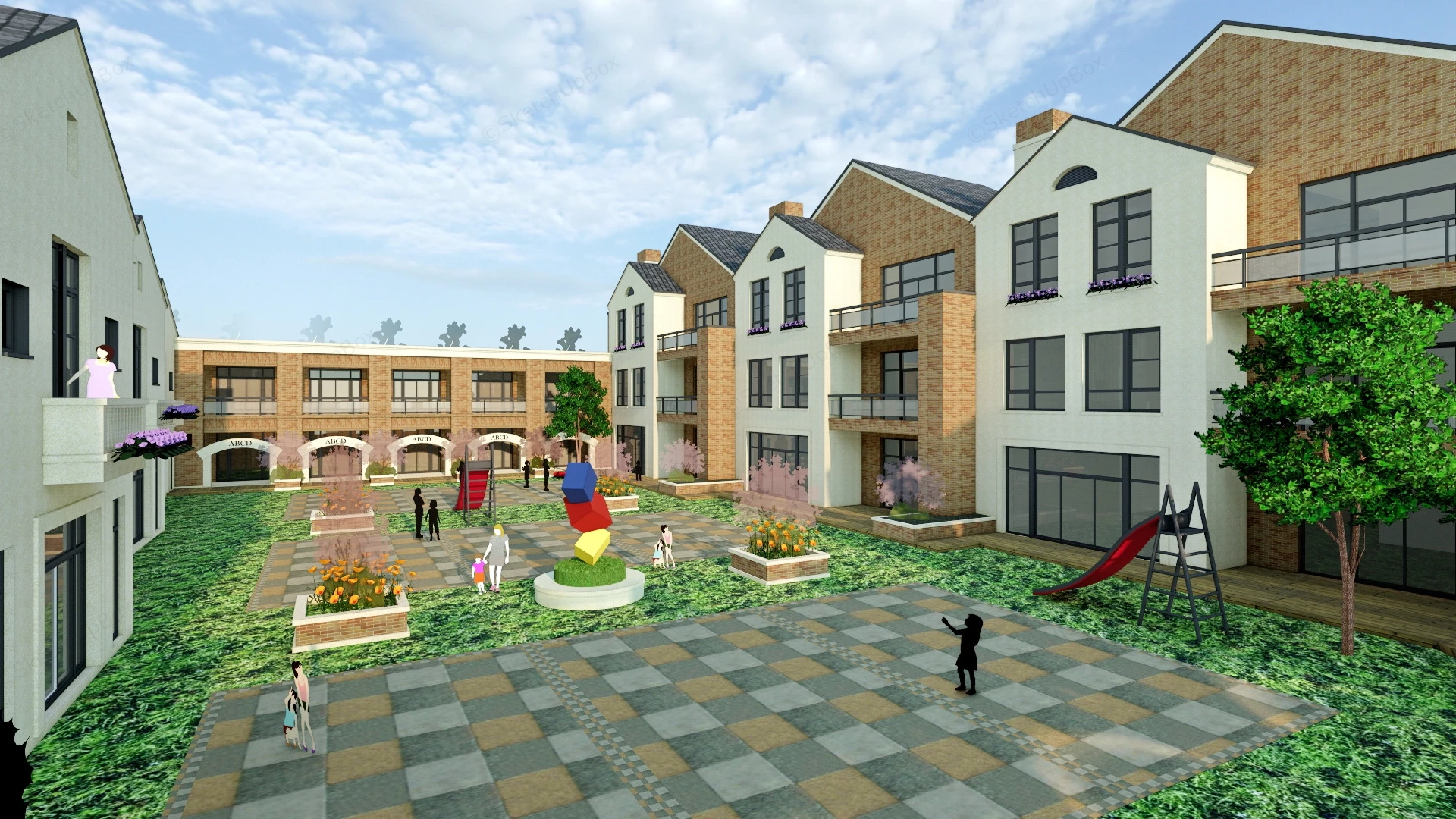 Red Brick Kindergarten Buildings sketchup model preview - SketchupBox