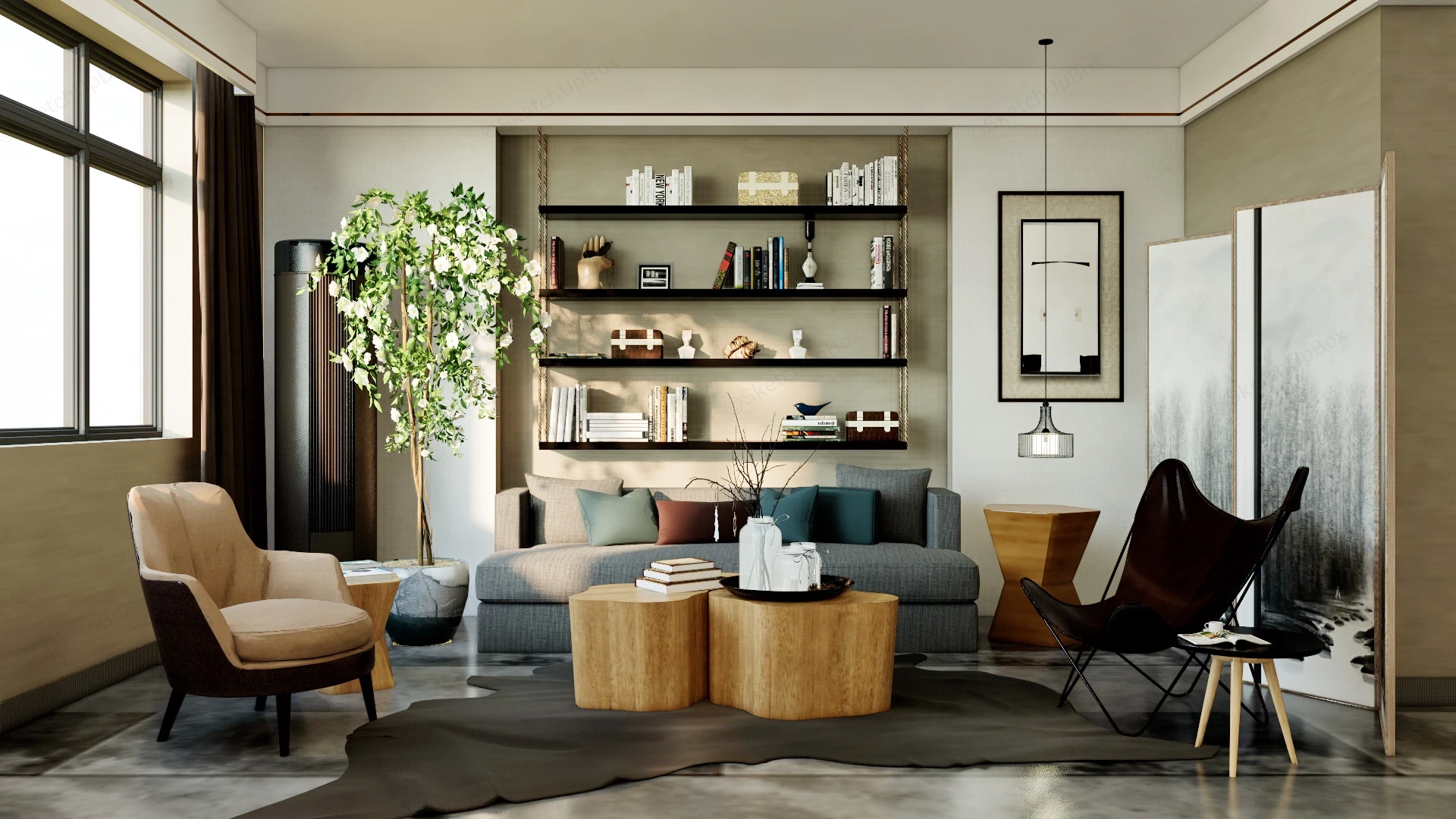 Organic Modern Living Room Interior sketchup model preview - SketchupBox