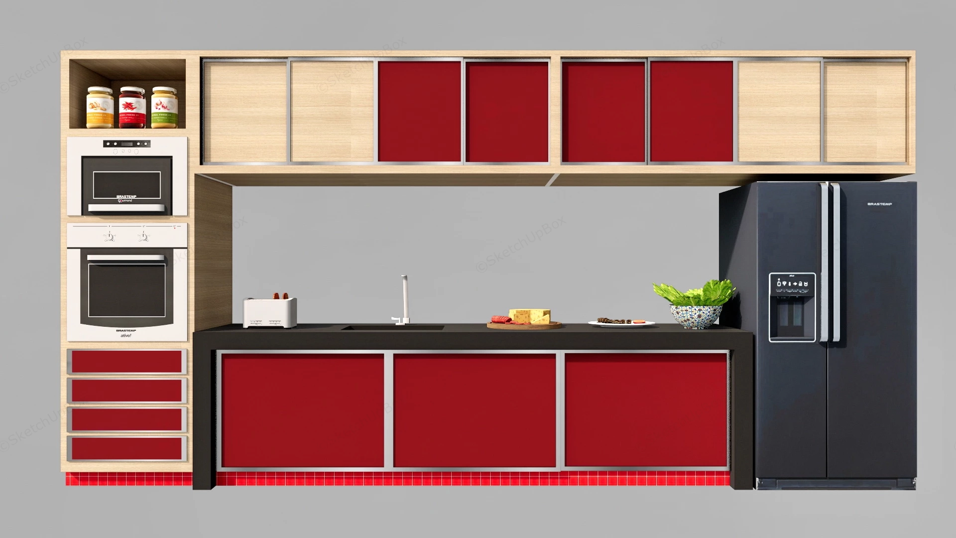 Red Black And Natural Wood Kitchen Cabinets sketchup model preview - SketchupBox