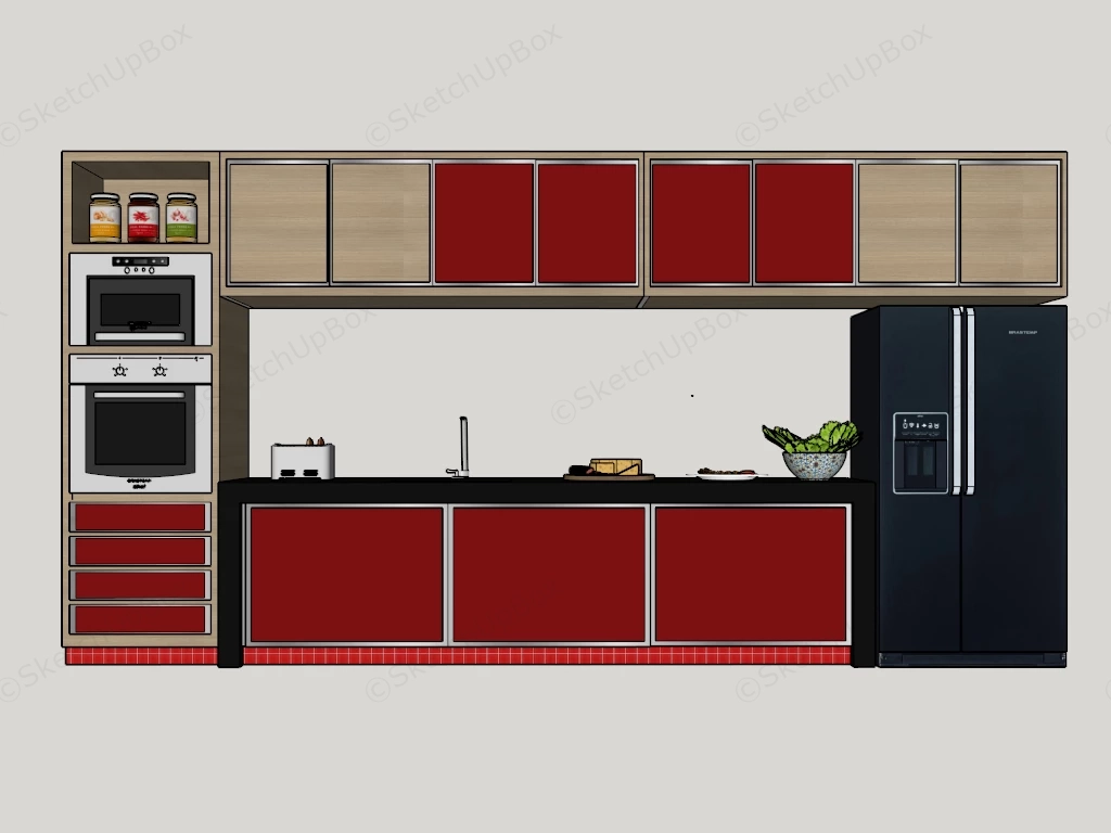 Red Black And Natural Wood Kitchen Cabinets sketchup model preview - SketchupBox