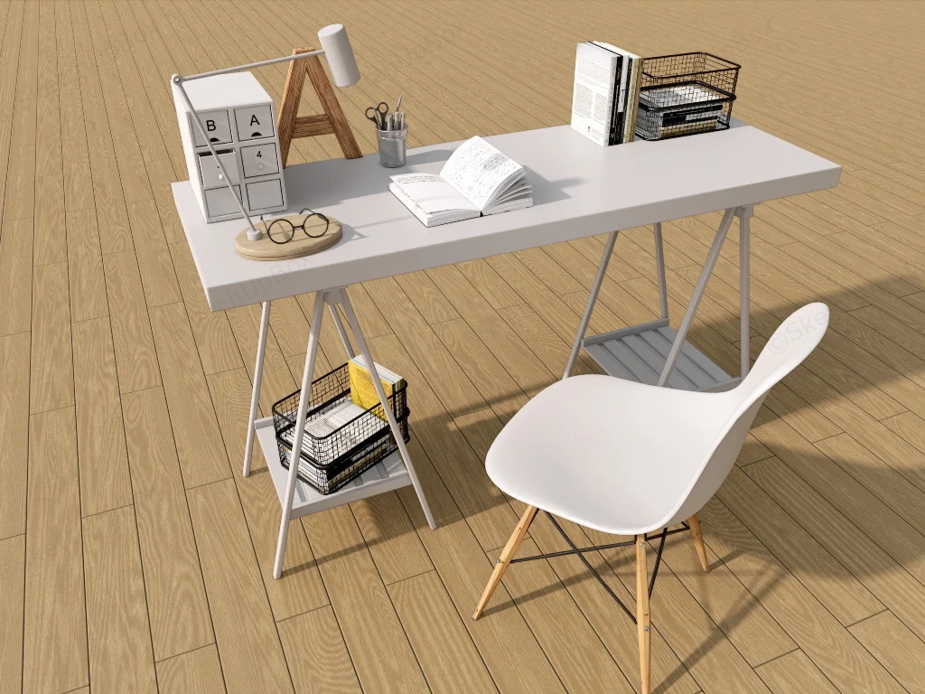 Modern White Home Office Desk Set sketchup model preview - SketchupBox