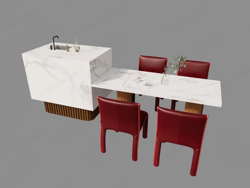 White Marble Kitchen Island With Table sketchup model preview - SketchupBox