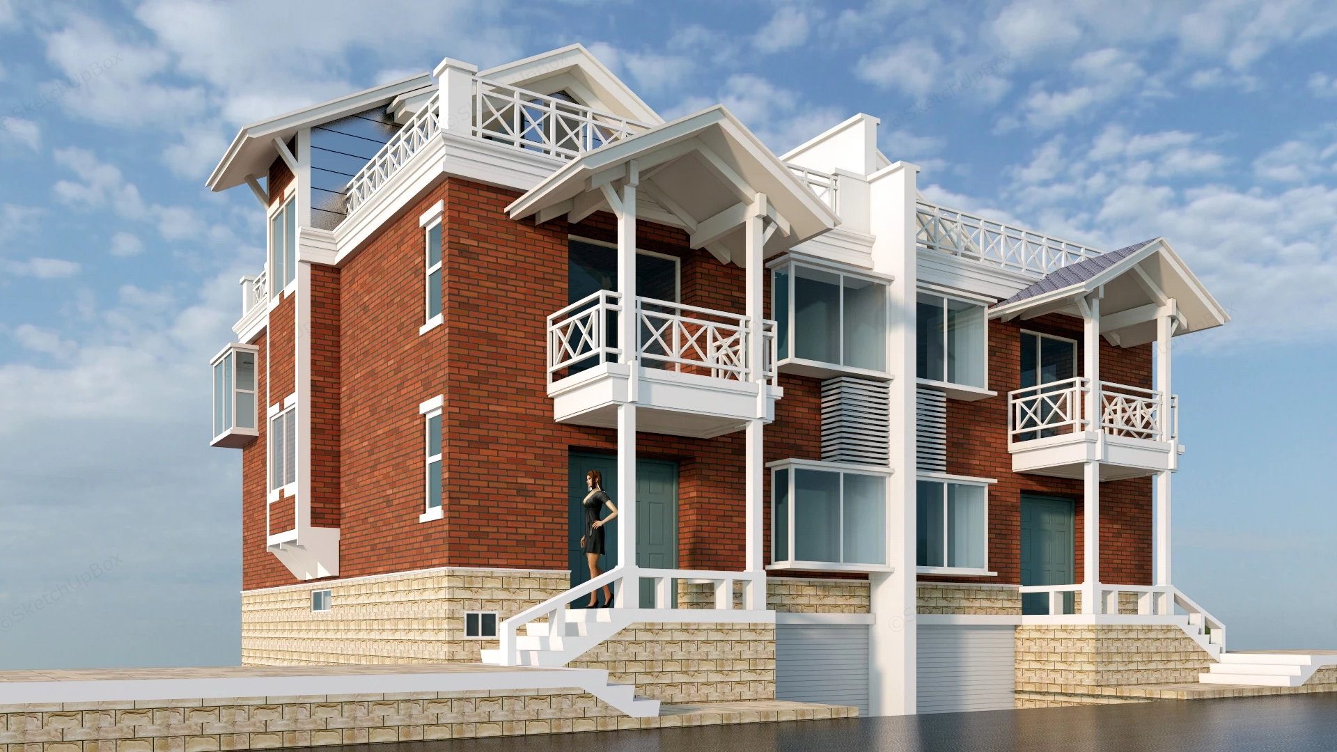 Brick Duplex House sketchup model preview - SketchupBox