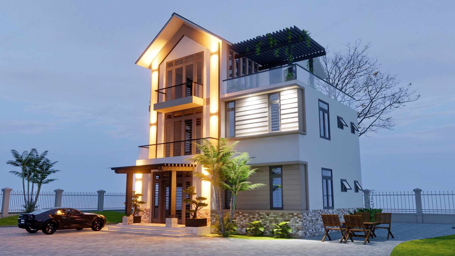 3 Storey Tropical House sketchup model preview - SketchupBox