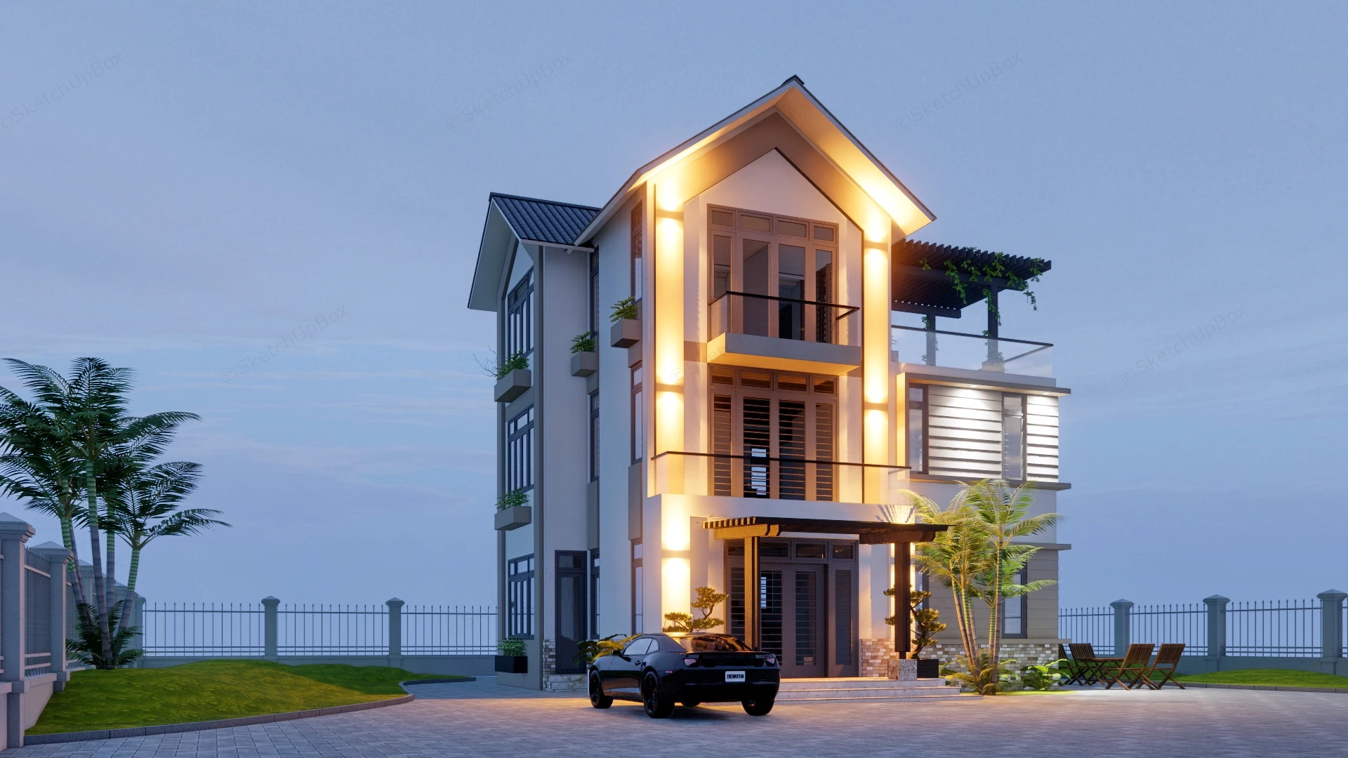 3 Storey Tropical House sketchup model preview - SketchupBox