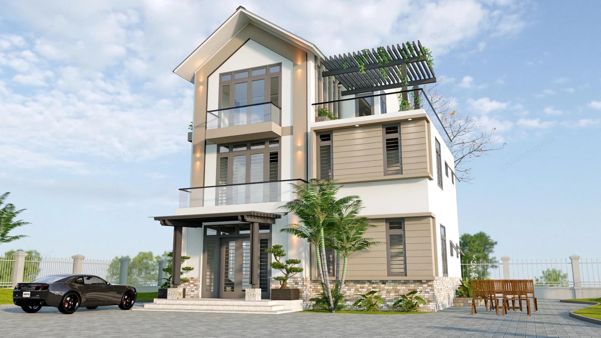 3 Storey Tropical House sketchup model preview - SketchupBox