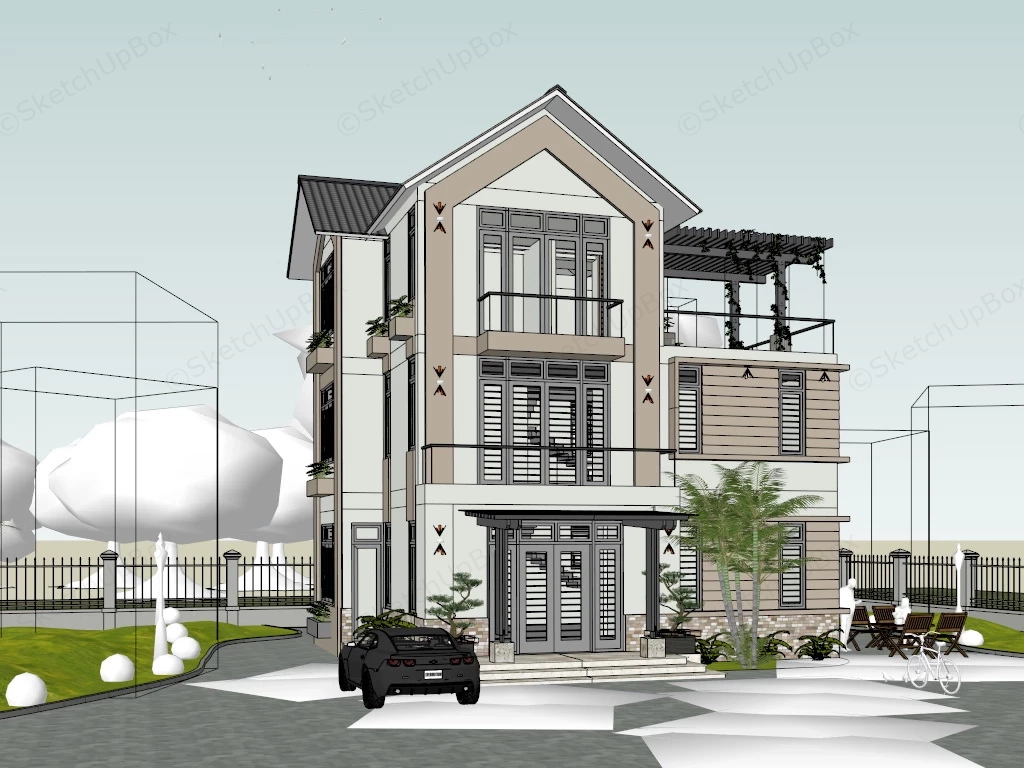 3 Storey Tropical House sketchup model preview - SketchupBox