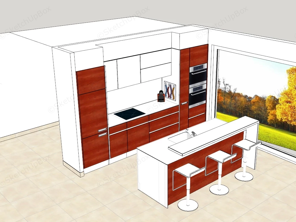 Red And White Kitchen With Island sketchup model preview - SketchupBox