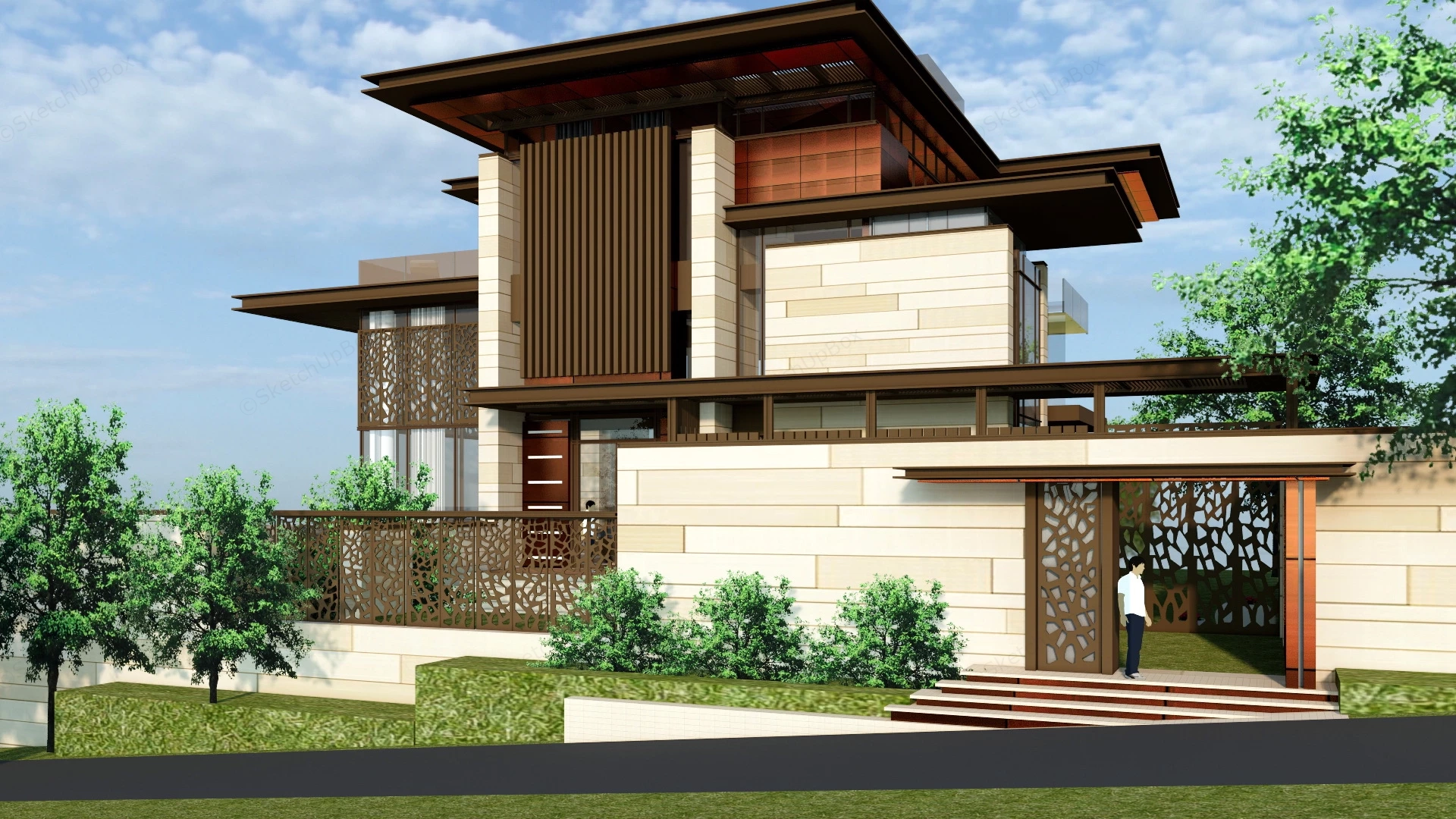 Modern Asian Villa sketchup model preview - SketchupBox