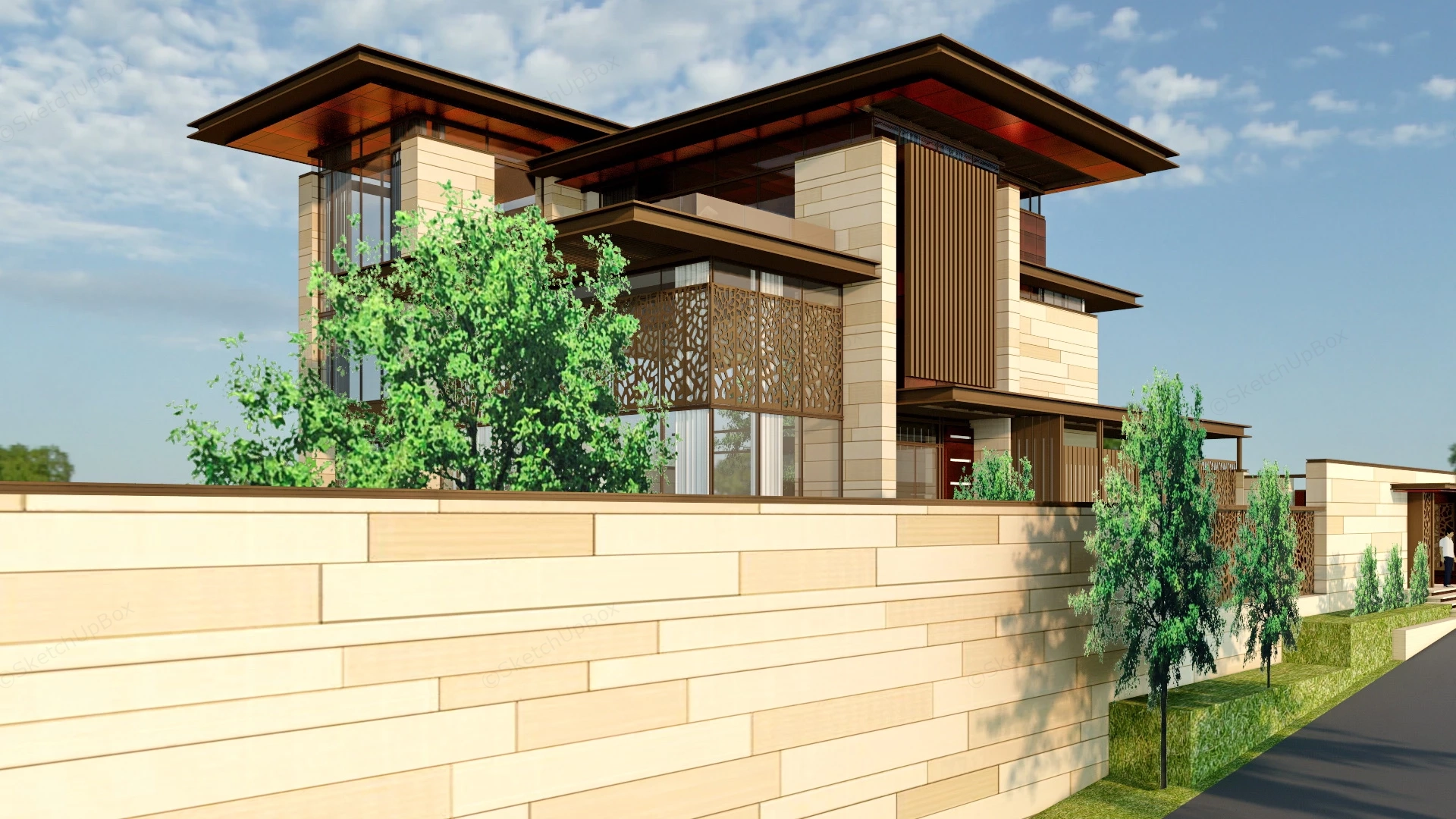 Modern Asian Villa sketchup model preview - SketchupBox