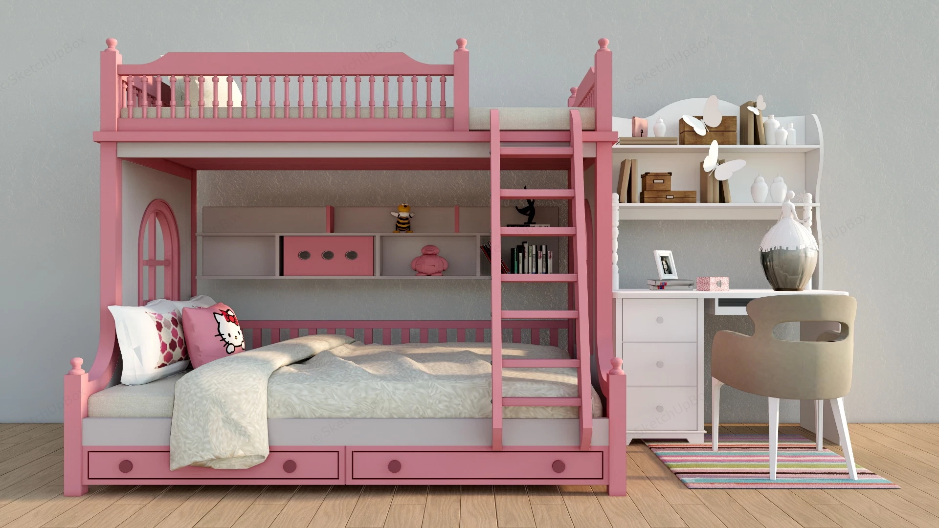 Girls Room Bunk Bed And Desk sketchup model preview - SketchupBox