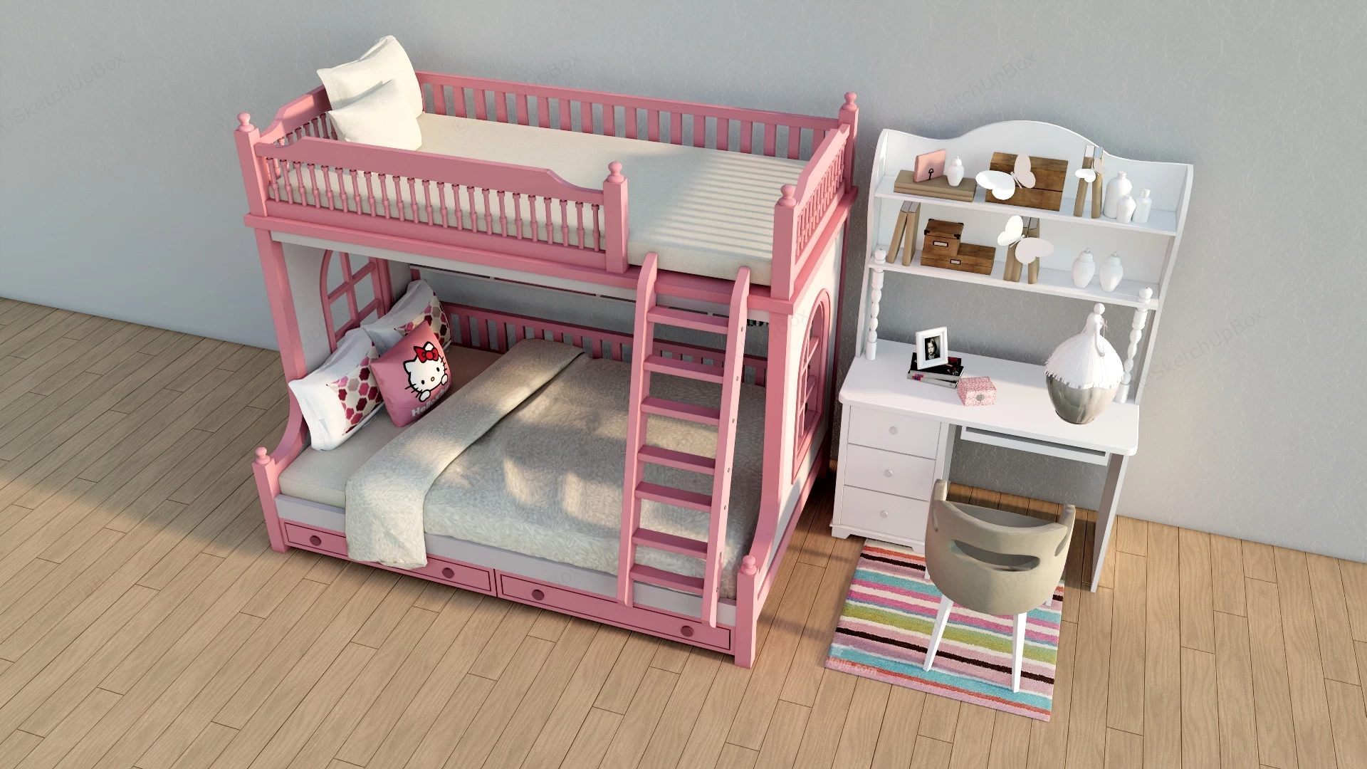 Girls Room Bunk Bed And Desk sketchup model preview - SketchupBox