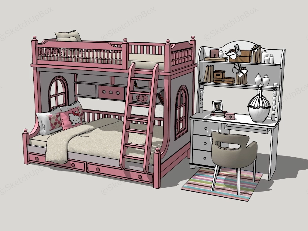 Girls Room Bunk Bed And Desk sketchup model preview - SketchupBox