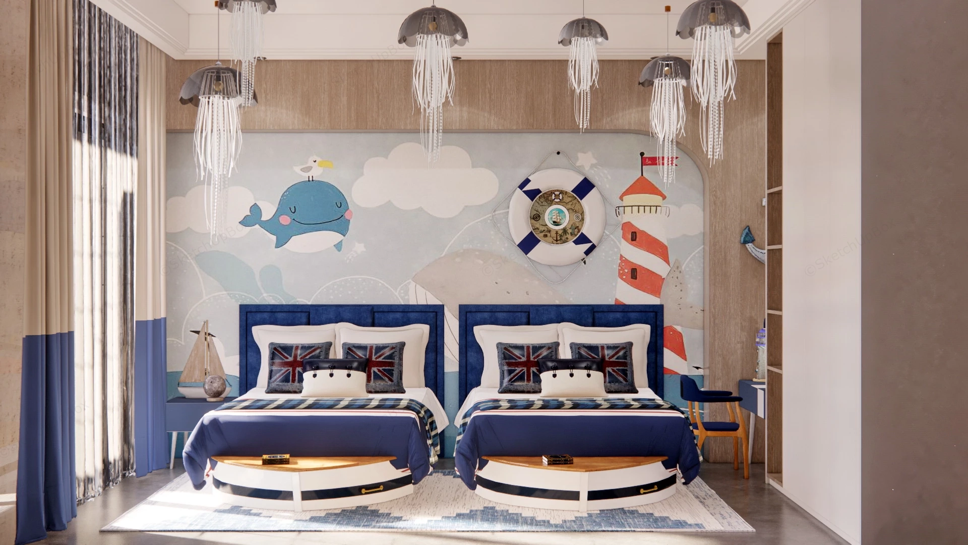 Nautical Themed Twin Kids Bedroom sketchup model preview - SketchupBox