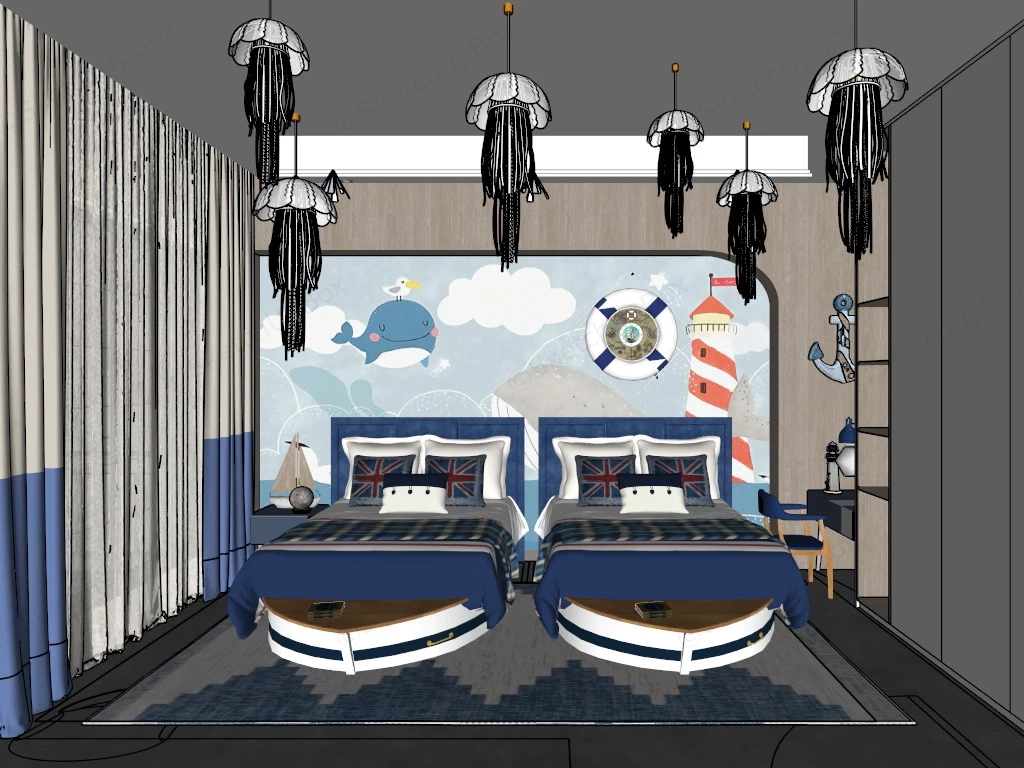 Nautical Themed Twin Kids Bedroom sketchup model preview - SketchupBox