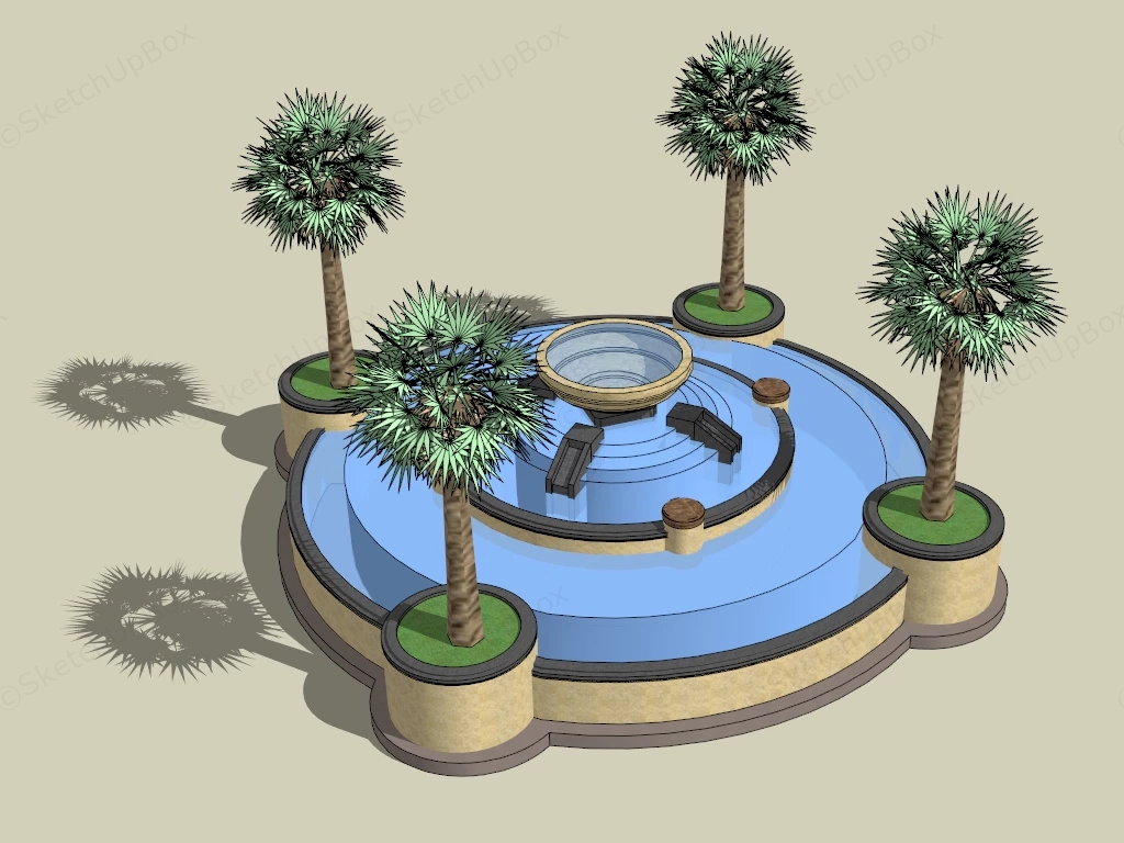 Tropical Fountain With Trees sketchup model preview - SketchupBox