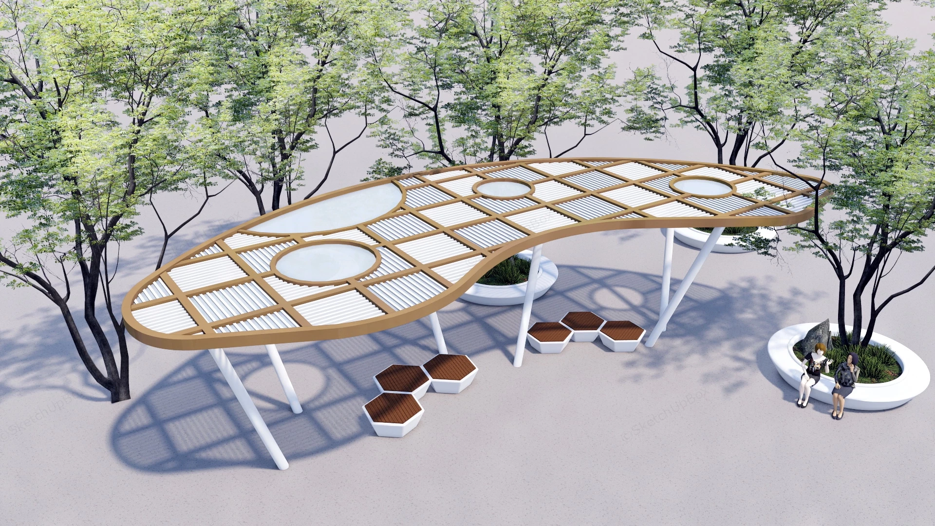 Modern Urban Pavilion With Benches sketchup model preview - SketchupBox